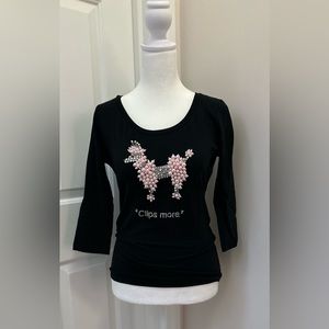 Clips More vintage black top with beaded poodle and three quarter length sleeves